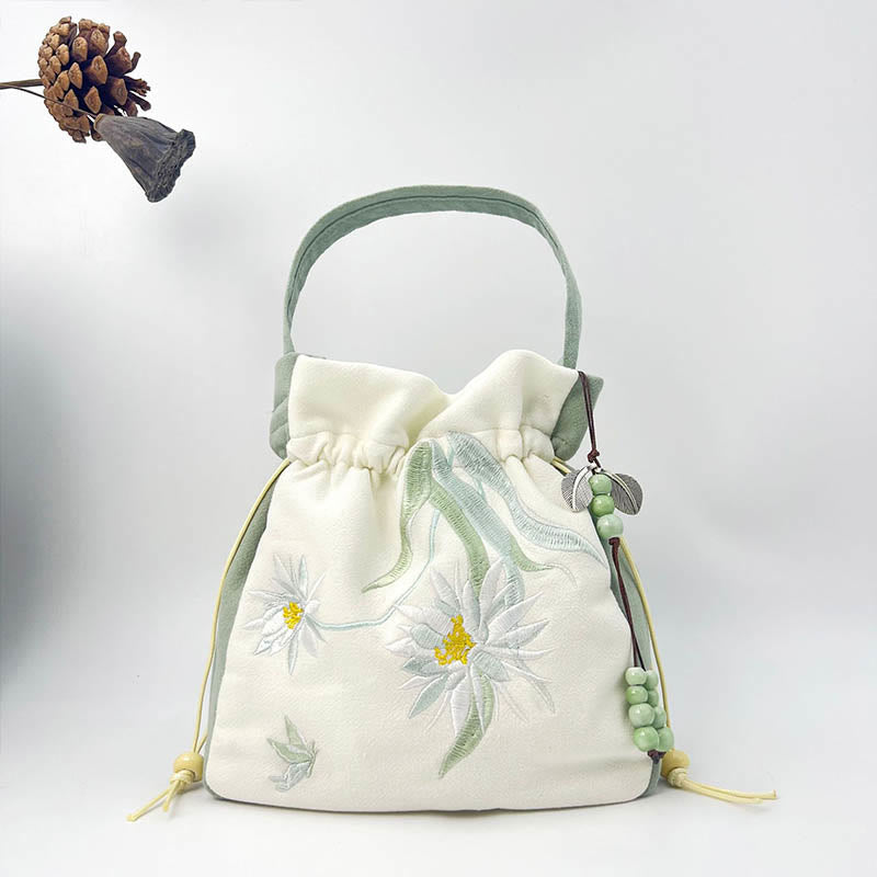 Borsa a tracolla in cotone e lino con Buddha Stones , farfalla ricamata, loto, magnolia, borsa a tracolla