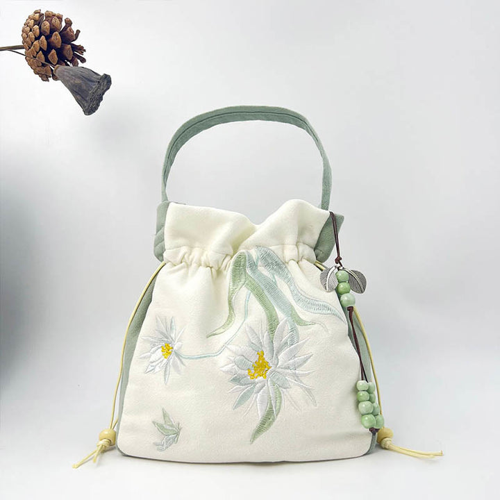 Borsa a tracolla in cotone e lino con Buddha Stones , farfalla ricamata, loto, magnolia, borsa a tracolla