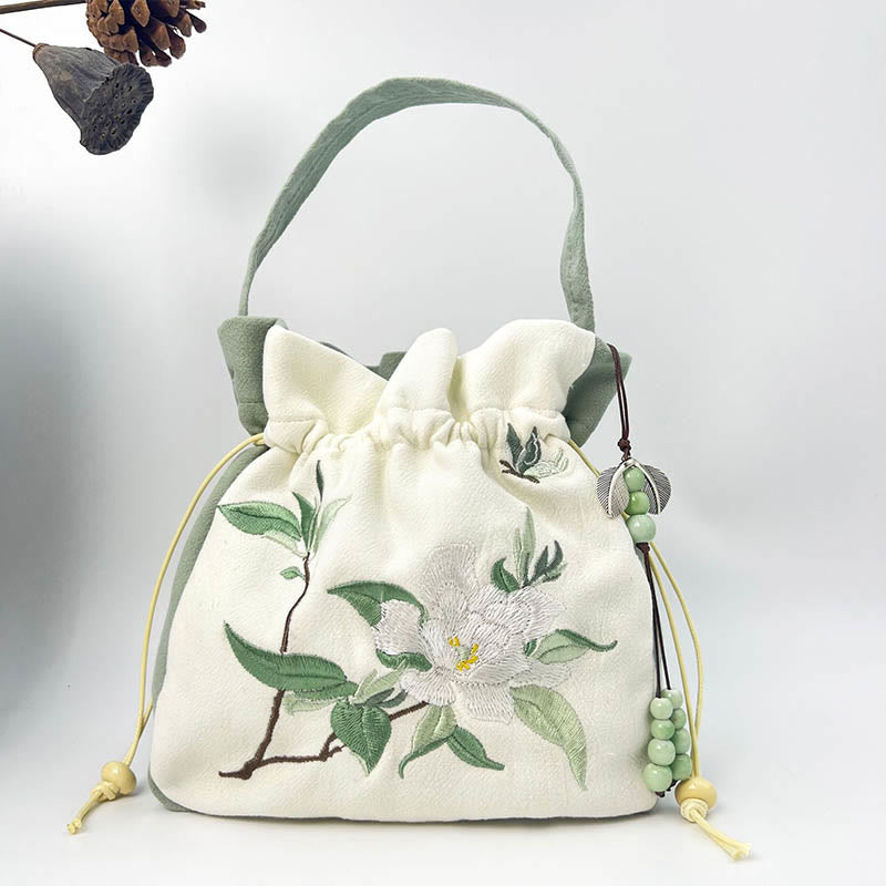 Borsa a tracolla in cotone e lino con Buddha Stones , farfalla ricamata, loto, magnolia, borsa a tracolla