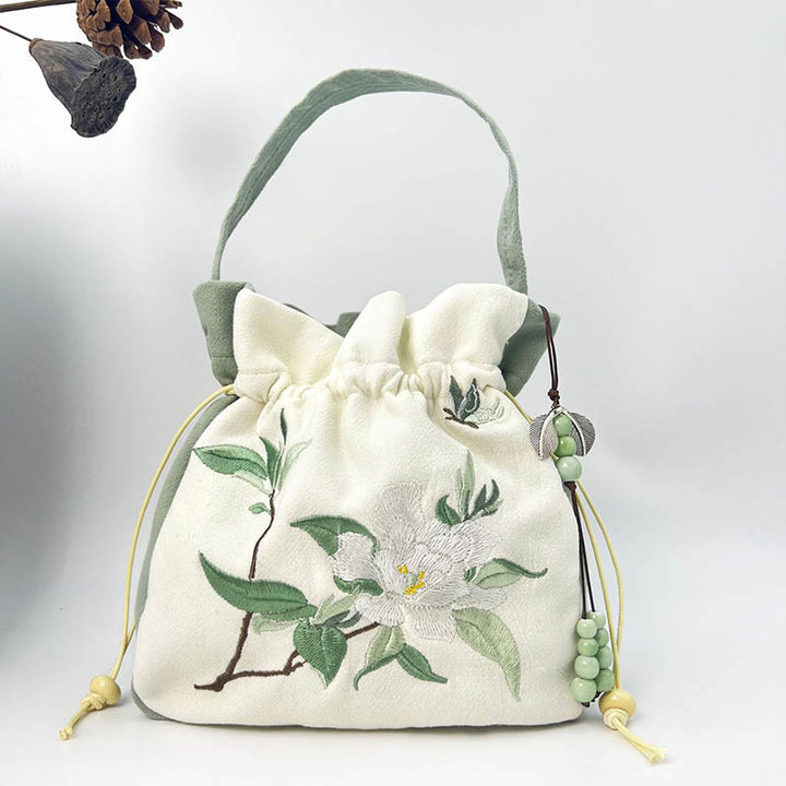 Borsa a tracolla in cotone e lino con Buddha Stones , farfalla ricamata, loto, magnolia, borsa a tracolla