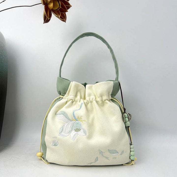 Borsa a tracolla in cotone e lino con Buddha Stones , farfalla ricamata, loto, magnolia, borsa a tracolla