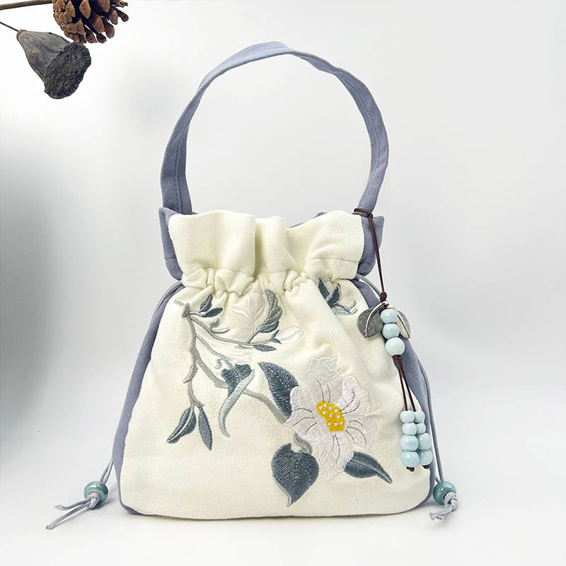 Borsa a tracolla in cotone e lino con Buddha Stones , farfalla ricamata, loto, magnolia, borsa a tracolla