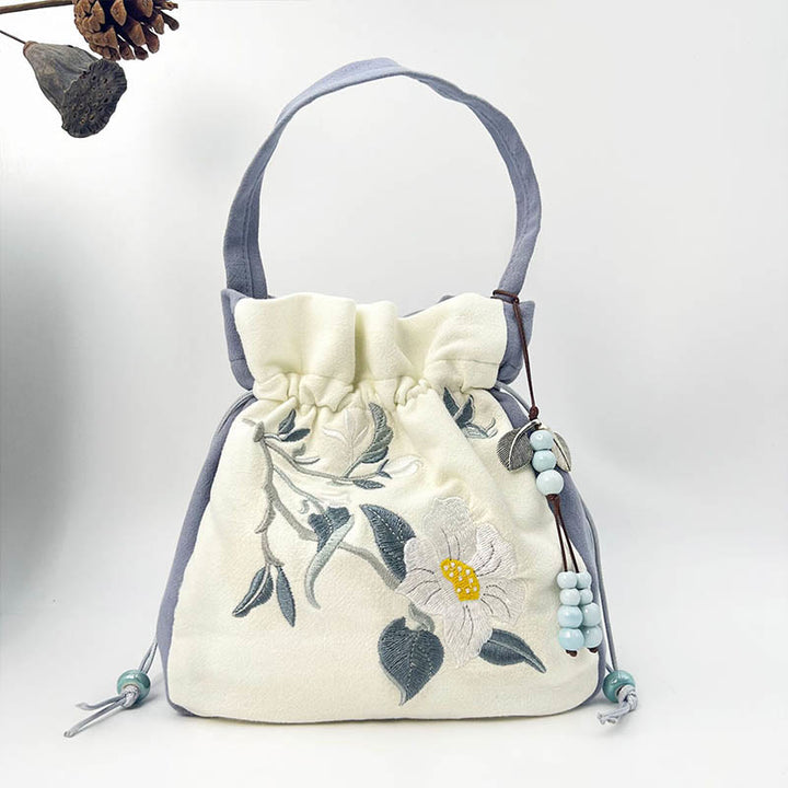 Borsa a tracolla in cotone e lino con Buddha Stones , farfalla ricamata, loto, magnolia, borsa a tracolla