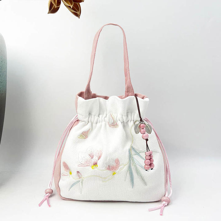 Borsa a tracolla in cotone e lino con Buddha Stones , farfalla ricamata, loto, magnolia, borsa a tracolla