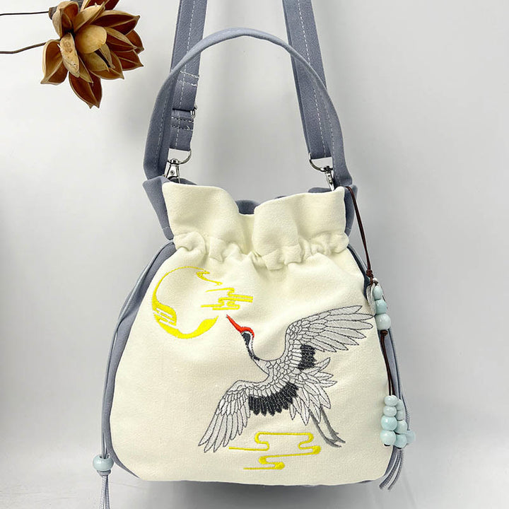 Borsa a tracolla in cotone e lino con Buddha Stones , farfalla ricamata, loto, magnolia, borsa a tracolla