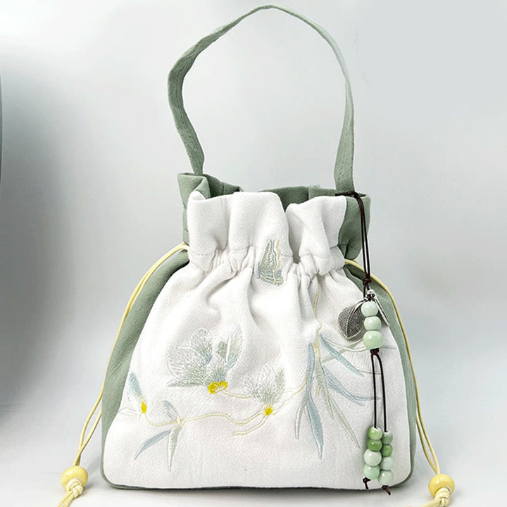 Borsa a tracolla in cotone e lino con Buddha Stones , farfalla ricamata, loto, magnolia, borsa a tracolla