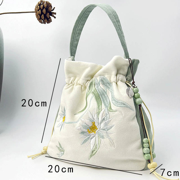 Borsa a tracolla in cotone e lino con Buddha Stones , farfalla ricamata, loto, magnolia, borsa a tracolla