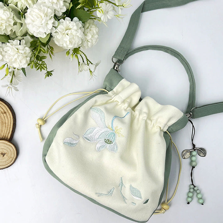 Borsa a tracolla in cotone e lino con Buddha Stones , farfalla ricamata, loto, magnolia, borsa a tracolla