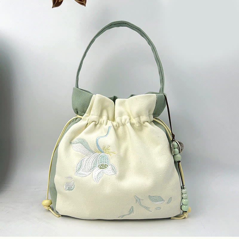 Borsa a tracolla in cotone e lino con Buddha Stones , farfalla ricamata, loto, magnolia, borsa a tracolla