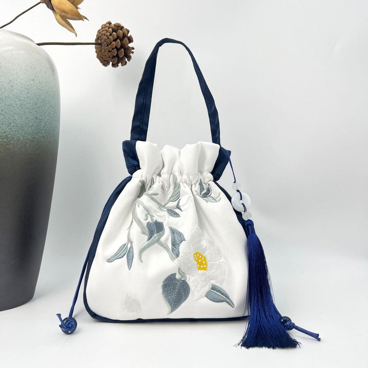 Borsa a tracolla in cotone e lino con Buddha Stones ricamate, motivo: loto, pesce Koi, gru, camelia, borsa a tracolla