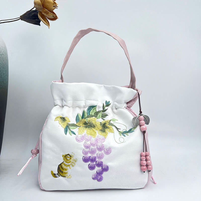 Borsa a tracolla in cotone e lino con ricamo a forma di Buddha Stones, osmanto, peonia, uva, gatto, borsa a tracolla