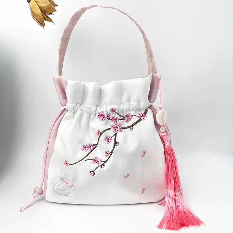 Borsa a tracolla in cotone e lino con ricamo a forma di Buddha Stones, osmanto, peonia, uva, gatto, borsa a tracolla