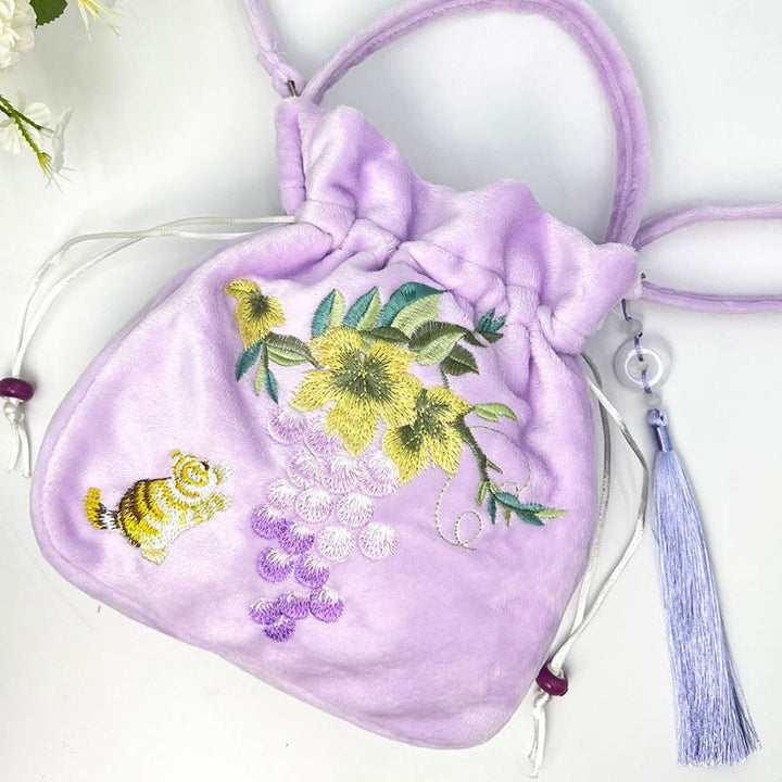 Borsa a tracolla in cotone e lino con ricamo a forma di Buddha Stones, osmanto, peonia, uva, gatto, borsa a tracolla
