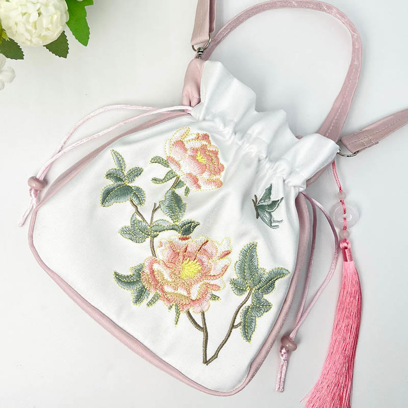 Borsa a tracolla in cotone e lino con ricamo a forma di Buddha Stones, osmanto, peonia, uva, gatto, borsa a tracolla