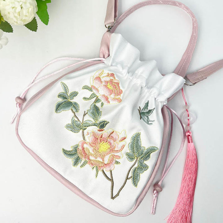 Borsa a tracolla in cotone e lino con ricamo a forma di Buddha Stones, osmanto, peonia, uva, gatto, borsa a tracolla