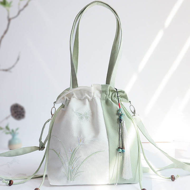Borsa a tracolla in tela Buddha Stones, fiori di erba ricamati, fiori di ciliegio, borsa a tracolla - Erba verde bianca 28*30cm - image 0