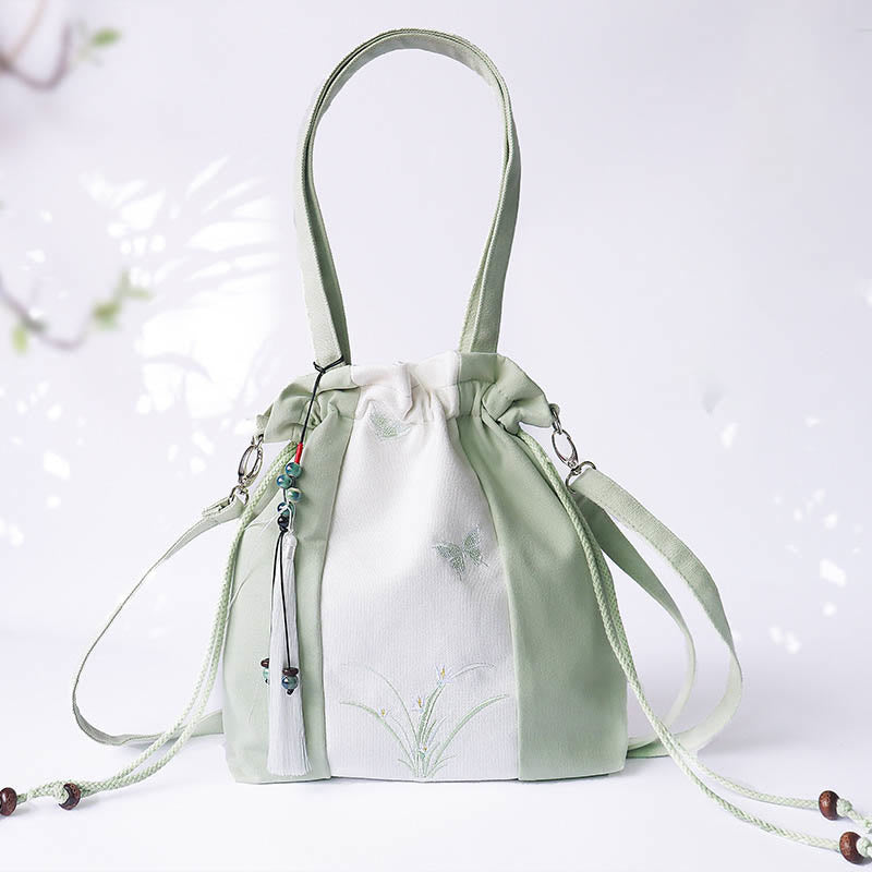 Borsa a tracolla in tela Buddha Stones, fiori di erba ricamati, fiori di ciliegio, borsa a tracolla - Patchwork triplo di erba verde bianca 28*30cm - image 7
