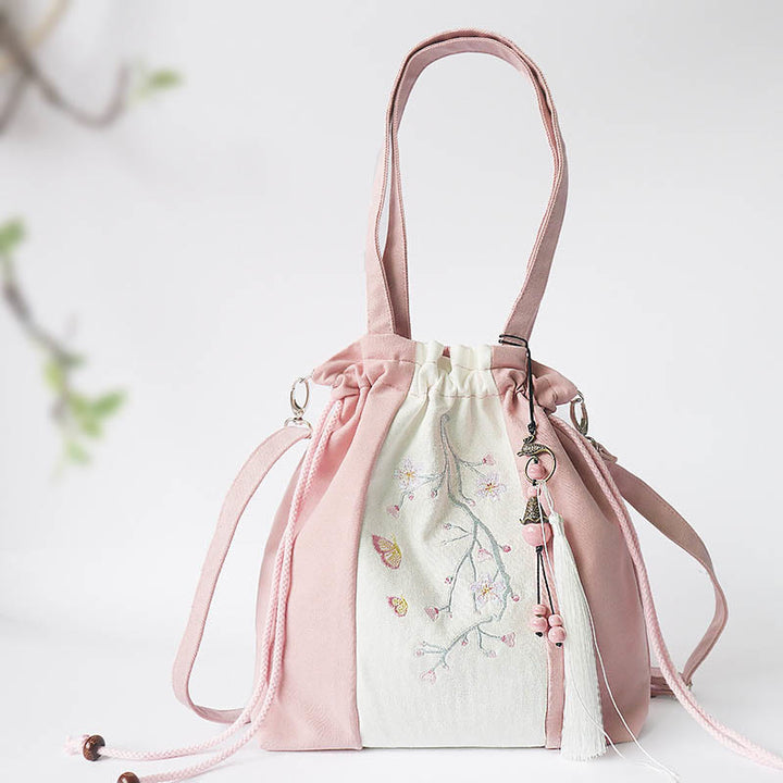 Borsa a tracolla in tela Buddha Stones, fiori di erba ricamati, fiori di ciliegio, borsa a tracolla - Fiore di ciliegio rosa bianco 28*30cm - image 11
