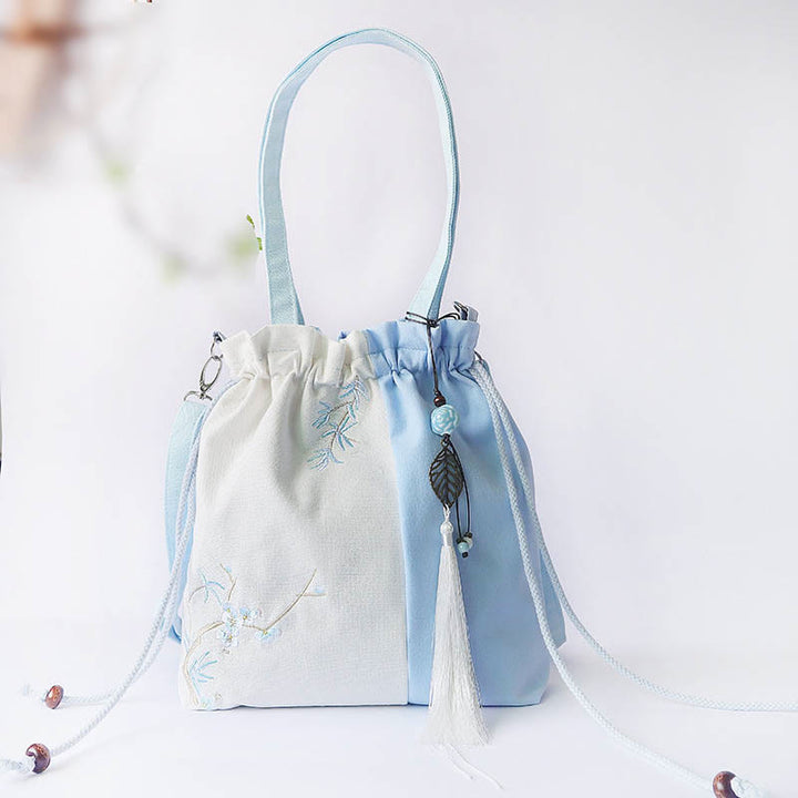 Borsa a tracolla in tela Buddha Stones, fiori di erba ricamati, fiori di ciliegio, borsa a tracolla - Azzurro Bianco 28*30cm - image 12