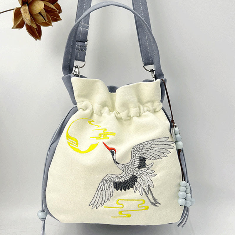 Borsa a tracolla in cotone e lino con Buddha Stones , farfalla ricamata, loto, magnolia, borsa a tracolla