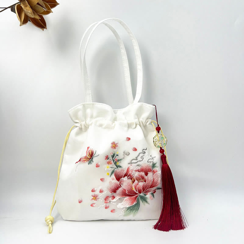 Buddha Stones Suzhou Ricamo Loto Cervo Epiphyllum Peonia Coniglio Cotone Lino Tote Borsa A Tracolla Borsa A Tracolla Borsa A Mano - Peonia bianca 21*22cm - image 15