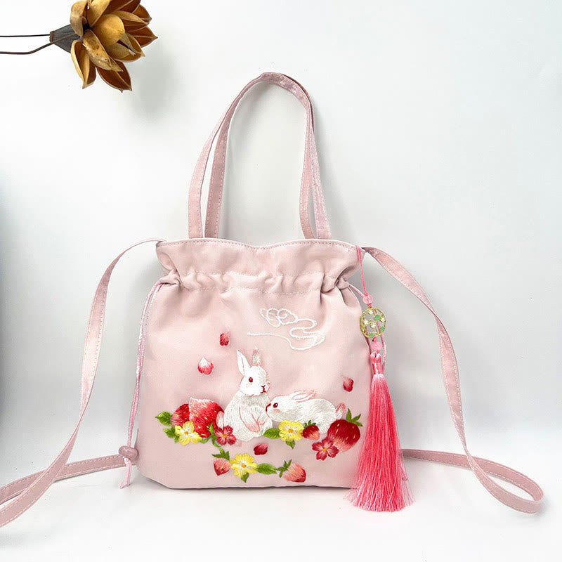 Buddha Stones Suzhou Ricamo Loto Cervo Epiphyllum Peonia Coniglio Cotone Lino Tote Borsa A Tracolla Borsa A Tracolla Borsa A Mano - Coniglio rosa fragola 21*22cm - image 18
