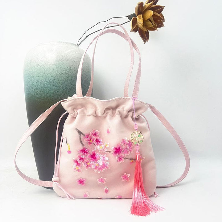 Buddha Stones Suzhou Ricamo Loto Cervo Epiphyllum Peonia Coniglio Cotone Lino Tote Borsa A Tracolla Borsa A Tracolla Borsa A Mano - Fiori di ciliegio rosa chiaro 21*22 cm - image 21