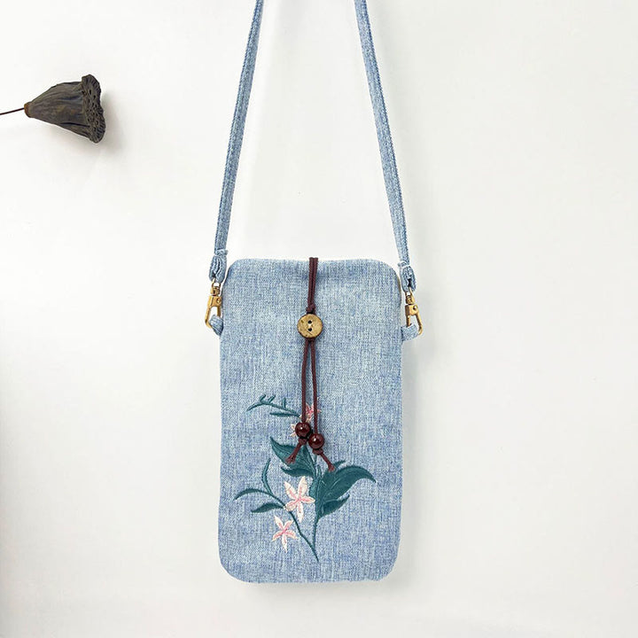 Borsa a tracolla con piccoli fiori ricamati Buddha Stones Borsa a tracolla Borsa per cellulare 11*20cm