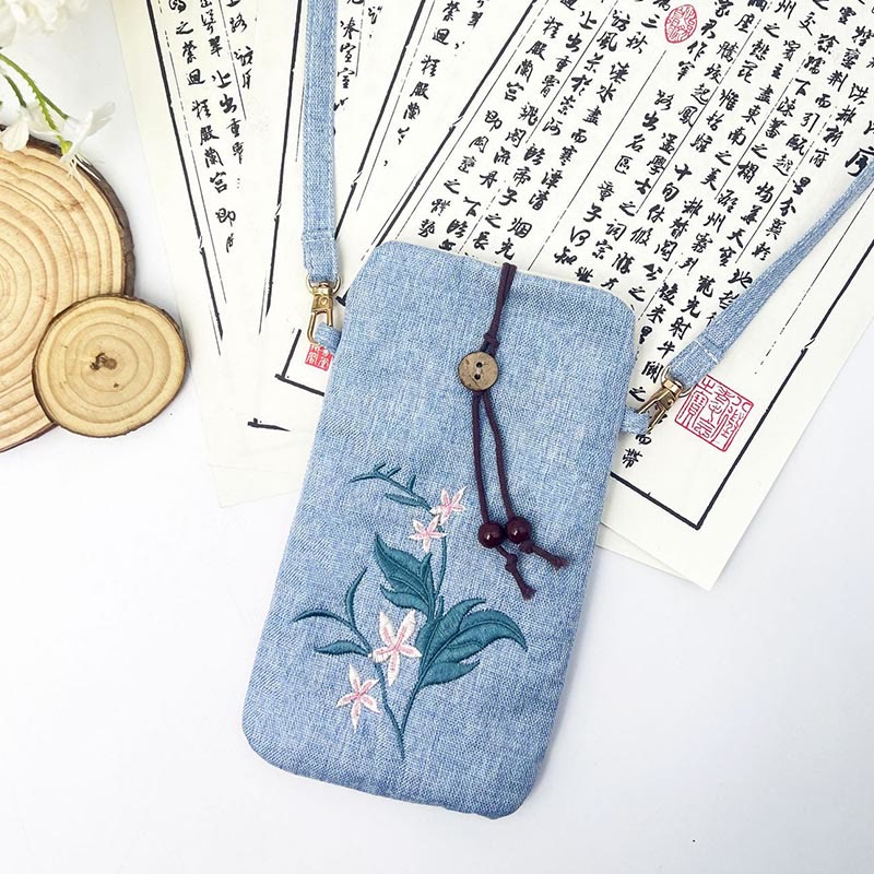 Borsa a tracolla con piccoli fiori ricamati Buddha Stones Borsa a tracolla Borsa per cellulare 11*20cm