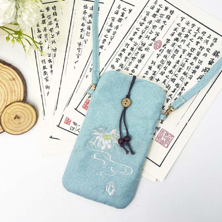 Borsa a tracolla con piccoli fiori ricamati Buddha Stones Borsa a tracolla Borsa per cellulare 11*20cm