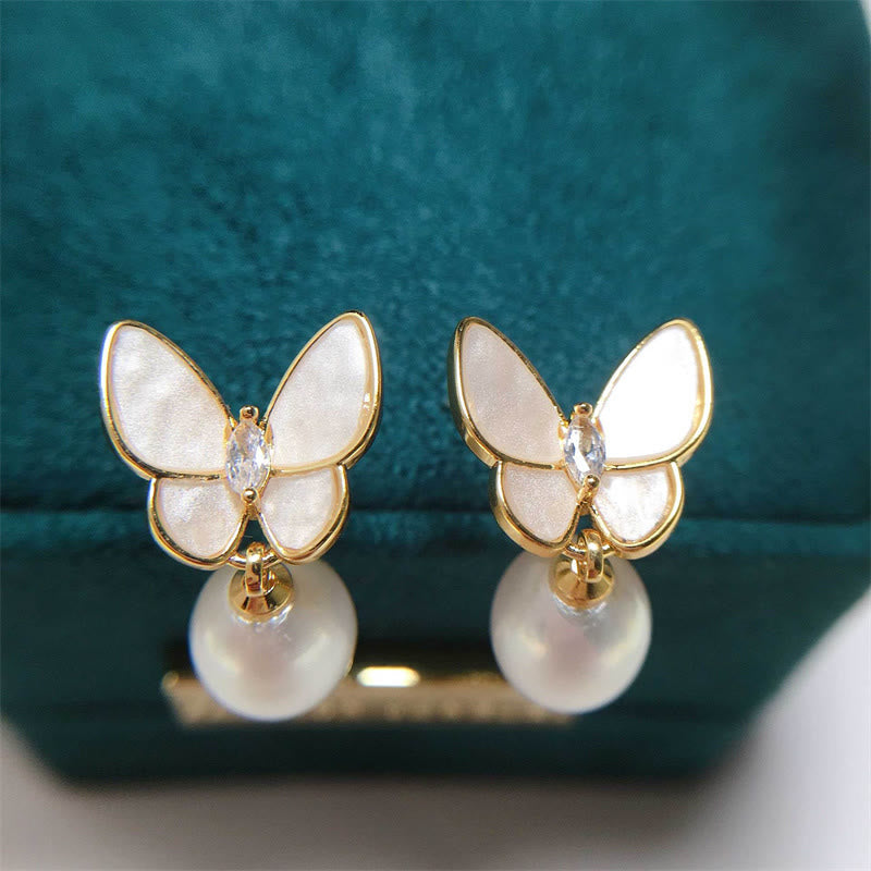 Orecchini a bottone con farfalla e perle in rame placcato oro 18K, con perline in argento sterling 925 e Buddha Stones