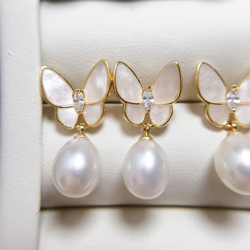Orecchini a bottone con farfalla e perle in rame placcato oro 18K, con perline in argento sterling 925 e Buddha Stones