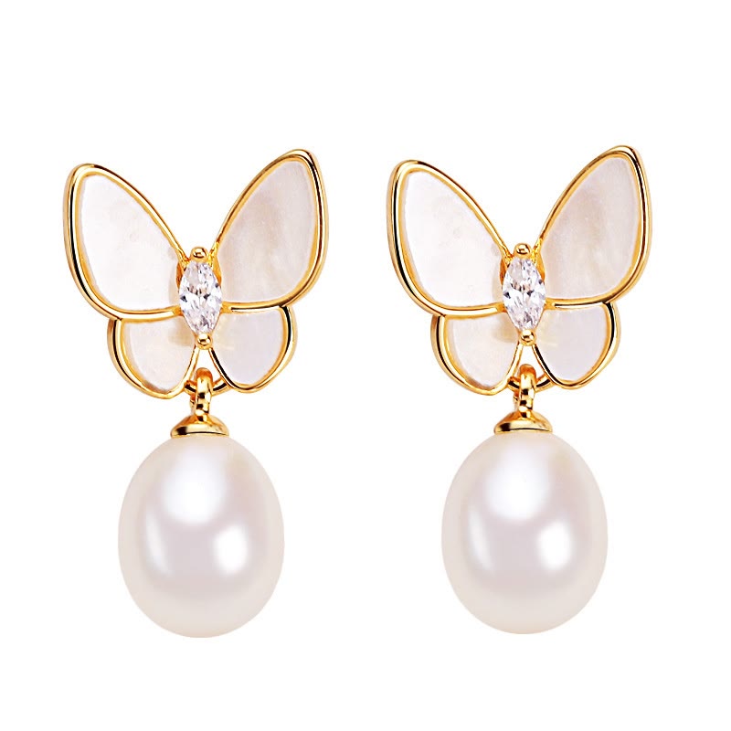 Orecchini a bottone con farfalla e perle in rame placcato oro 18K, con perline in argento sterling 925 e Buddha Stones