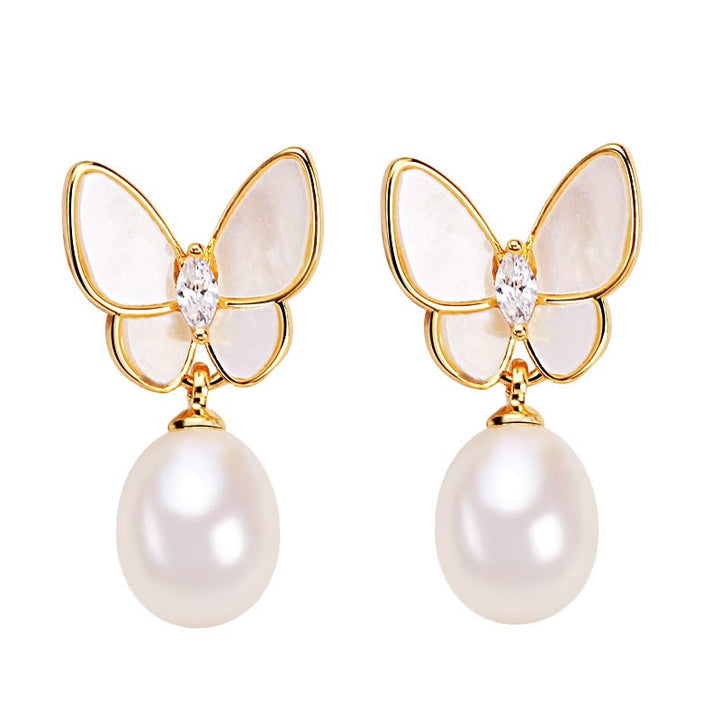 Orecchini a bottone con farfalla e perle in rame placcato oro 18K, con perline in argento sterling 925 e Buddha Stones