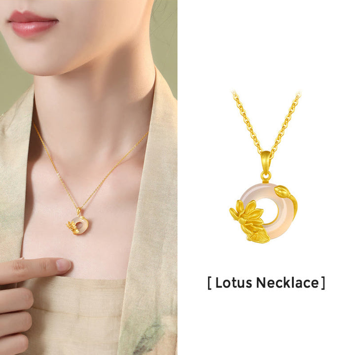 Collana in argento sterling S925 con ciondolo a forma di loto con fibbia della pace in calcedonio bianco naturale Buddha Stones - image 5