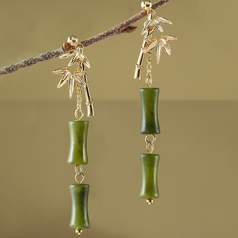 Orecchini pendenti in argento sterling 925 con peridoto naturale placcato oro e foglia di bambù, Buddha Stones