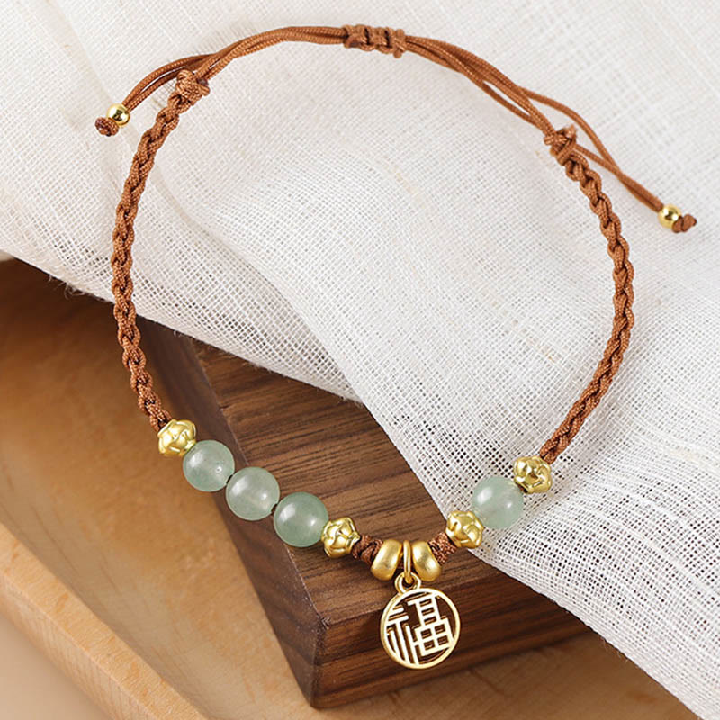 Braccialetto di corda di benedizione del carattere Fu con perle di giada Buddha Stones