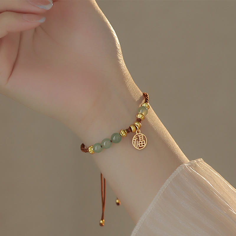 Braccialetto di corda di benedizione del carattere Fu con perle di giada Buddha Stones