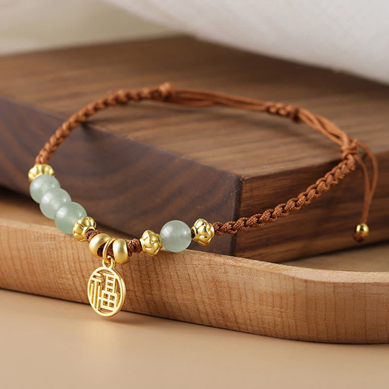Braccialetto di corda di benedizione del carattere Fu con perle di giada Buddha Stones