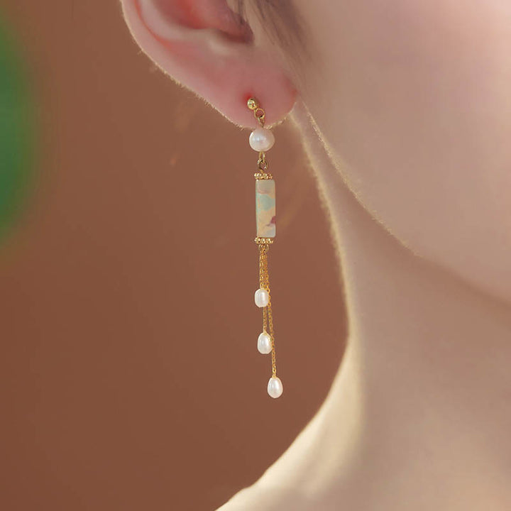 Orecchini pendenti con perle curative in argento sterling 925 Buddha Stones e perle di Shoushan