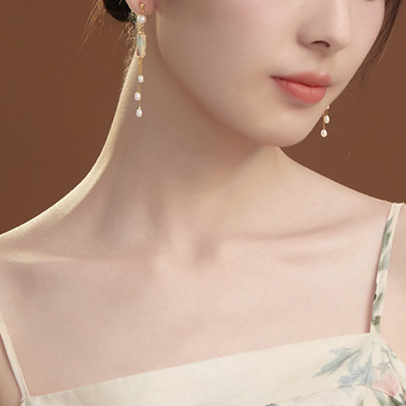 Orecchini pendenti con perle curative in argento sterling 925 Buddha Stones e perle di Shoushan