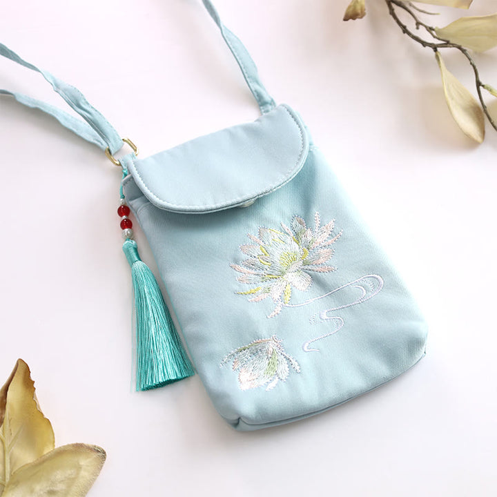 Borsa a tracolla con piccoli fiori ricamati Buddha Stones, borsa a tracolla, borsa per cellulare a doppio strato