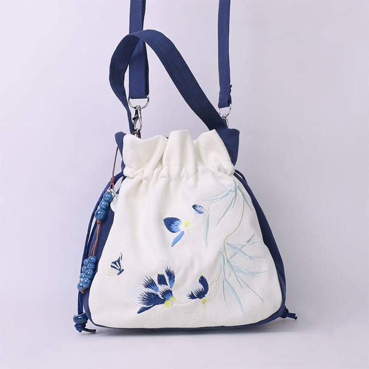 Borsa a tracolla in cotone e lino con Buddha Stones , farfalla ricamata, loto, magnolia, borsa a tracolla