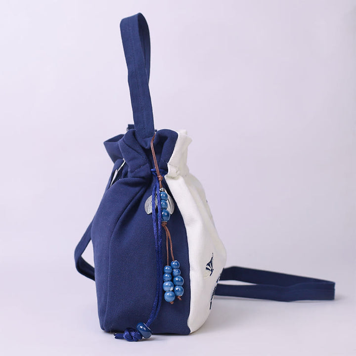 Borsa a tracolla in cotone e lino con Buddha Stones , farfalla ricamata, loto, magnolia, borsa a tracolla