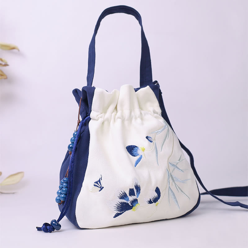 Borsa a tracolla in cotone e lino con Buddha Stones , farfalla ricamata, loto, magnolia, borsa a tracolla