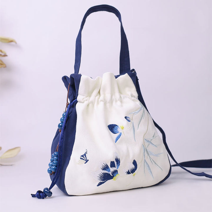 Borsa a tracolla in cotone e lino con Buddha Stones , farfalla ricamata, loto, magnolia, borsa a tracolla