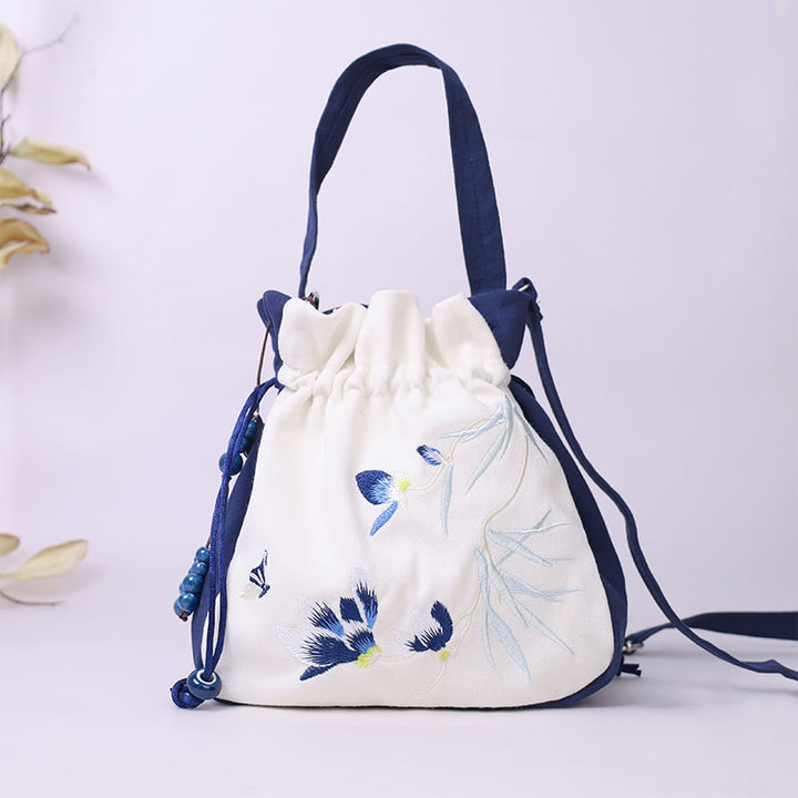 Borsa a tracolla in cotone e lino con Buddha Stones , farfalla ricamata, loto, magnolia, borsa a tracolla