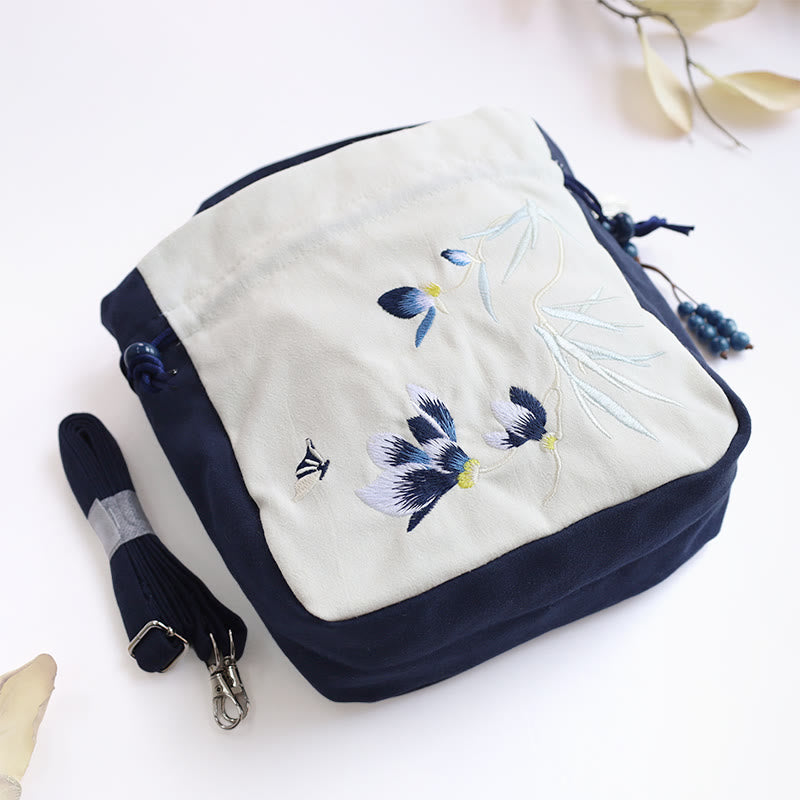 Borsa a tracolla in cotone e lino con Buddha Stones , farfalla ricamata, loto, magnolia, borsa a tracolla