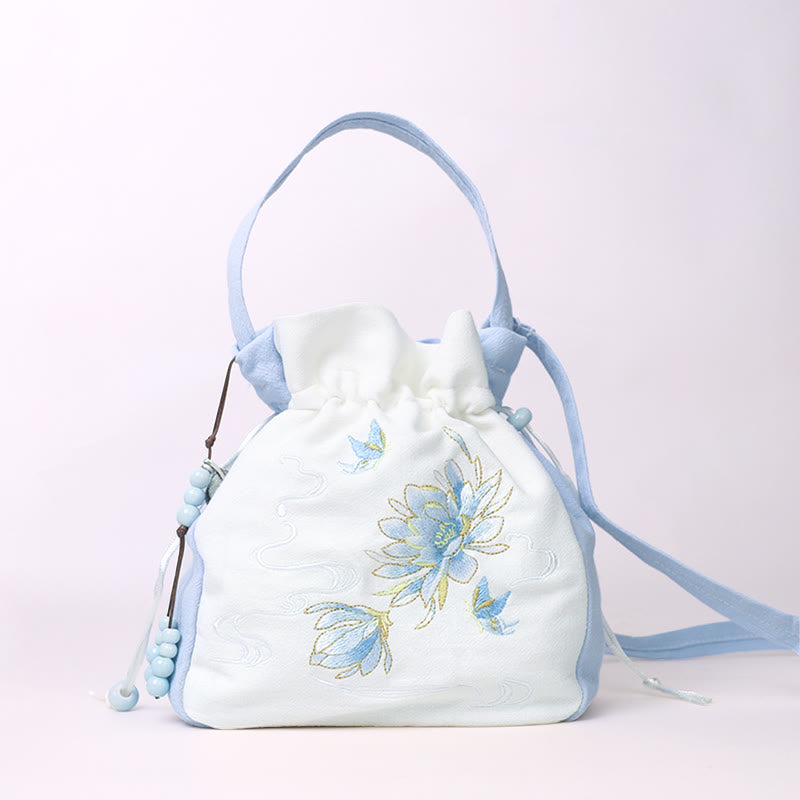 Borsa a tracolla in cotone e lino con Buddha Stones , farfalla ricamata, loto, magnolia, borsa a tracolla