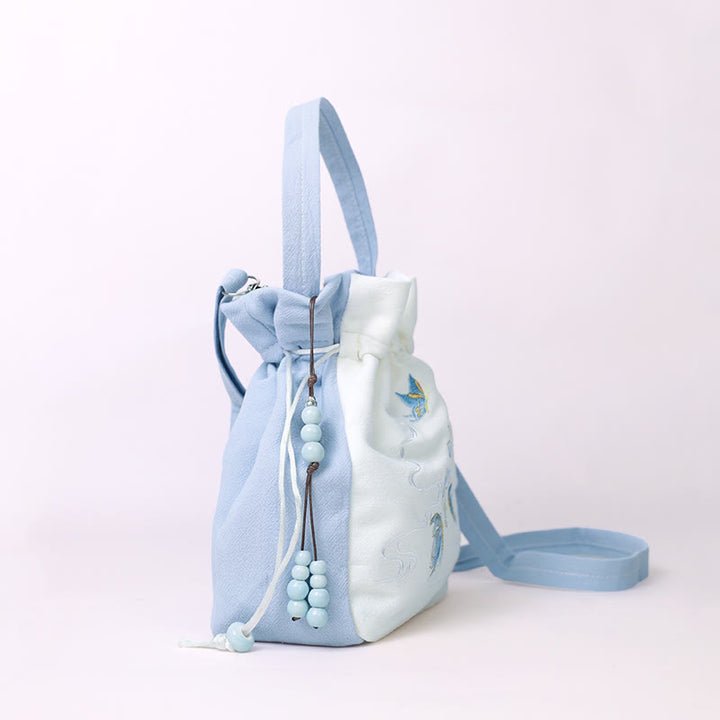 Borsa a tracolla in cotone e lino con Buddha Stones , farfalla ricamata, loto, magnolia, borsa a tracolla